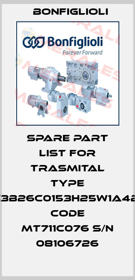 SPARE PART LIST FOR TRASMITAL TYPE 711C3B26C0153H25W1A42VS CODE MT711C076 S/N 08106726 Bonfiglioli