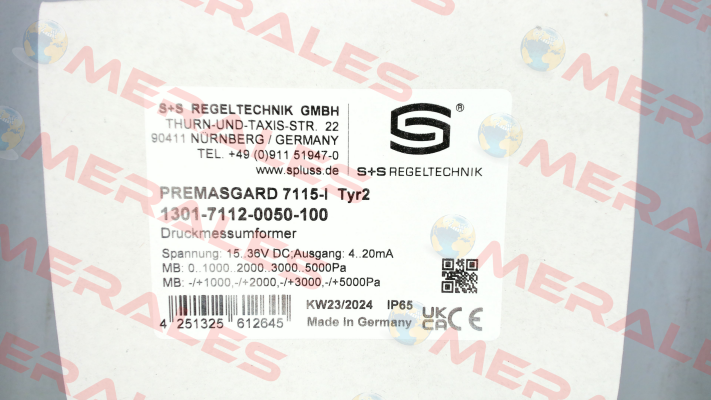 P/N: 1301-7112-0050-100, Type: 7115- I - (Q) S+S REGELTECHNIK
