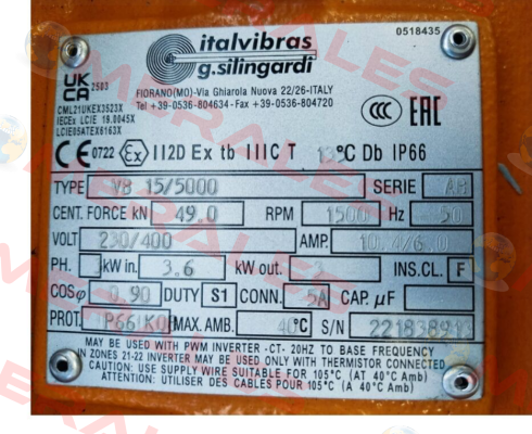 VB 15/5000, 230/400 V, 50 Hz, 1500 1/min Italvibras