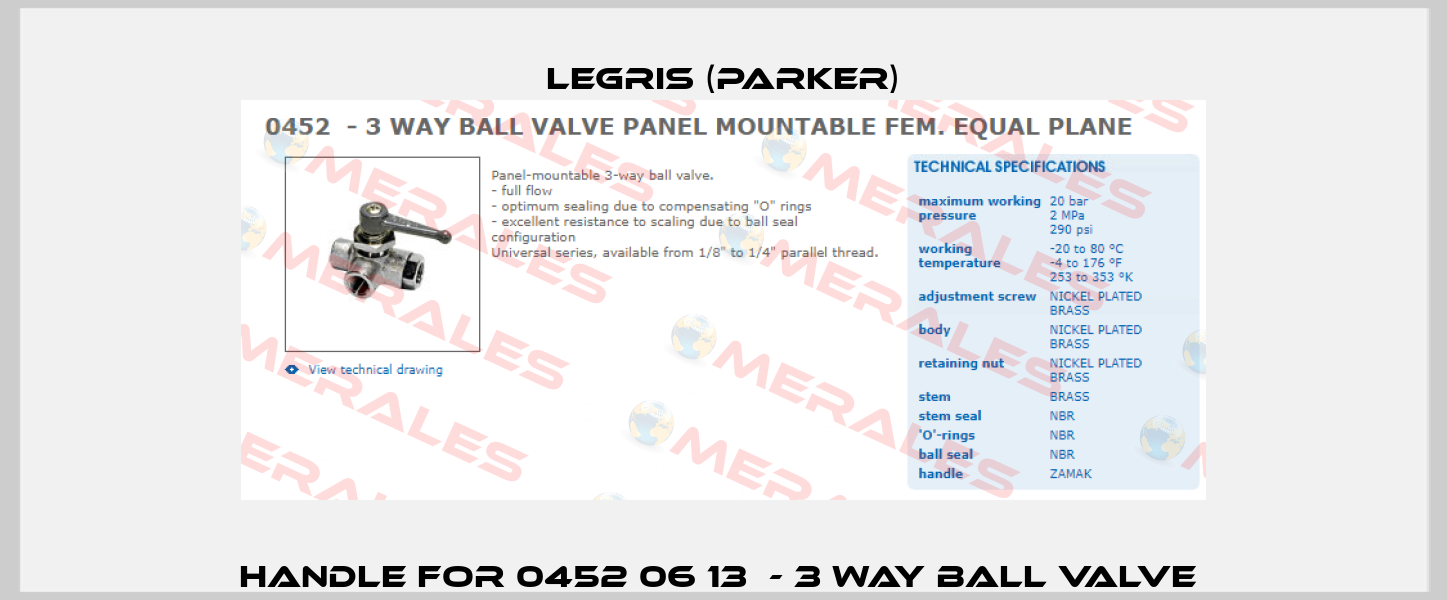Handle for 0452 06 13  - 3 WAY BALL VALVE  Legris (Parker)