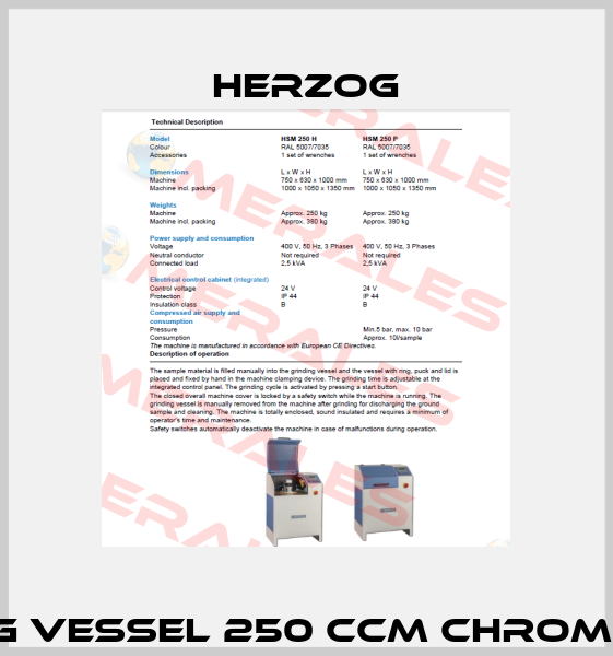 Grinding Vessel 250 ccm Chrome Steel  Herzog