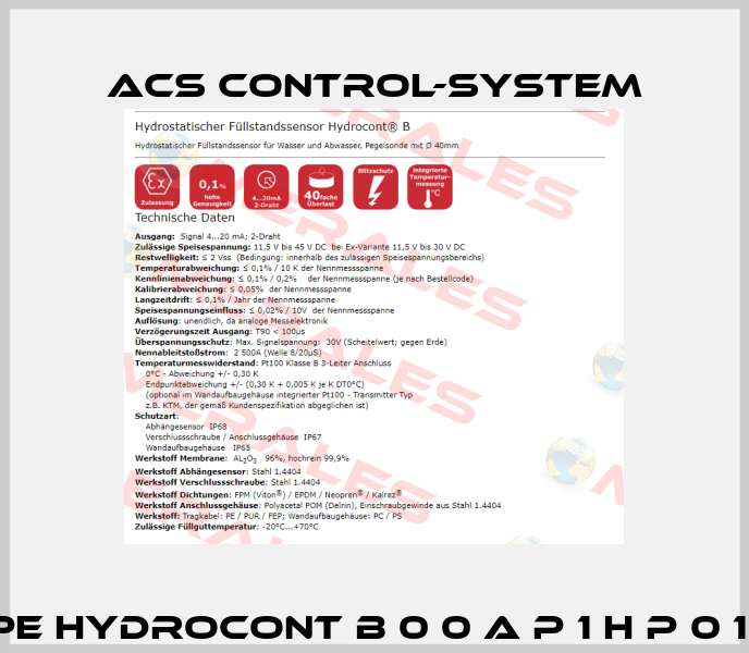 111000004 Type Hydrocont B 0 0 A P 1 H P 0 1 1 A / 4000mm Acs Control-System