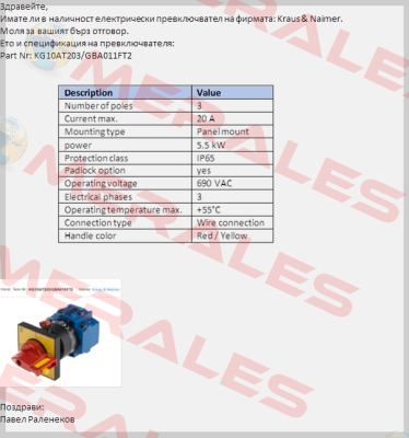 KG10AT203/GBA011FT2 OEM, alternative KG10A T203/03 FT2 Kraus & Naimer