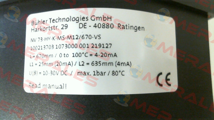 P/N: Q11008002 1073000, Type: NV73-HY-K-MS-M12/670-VS Bühler Technologies