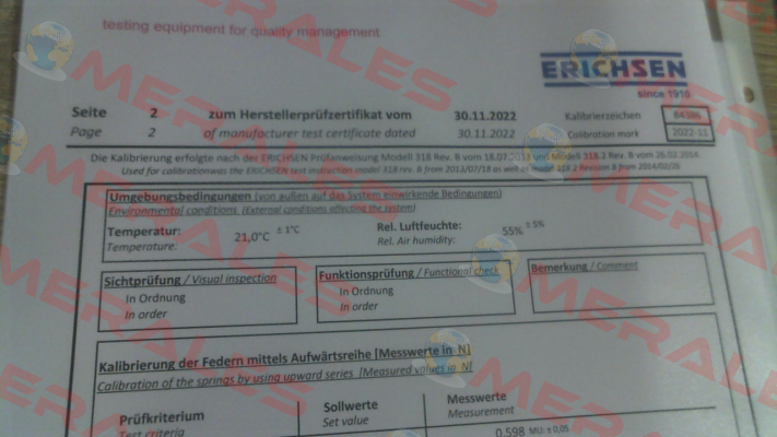 Calibration certificate for 00200131 Erichsen